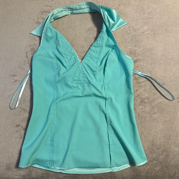 Marciano Halter Top Ruffle Collar V-Neck Sleeveless Women's Medium Teal Y2K Club - Picture 7 of 8
